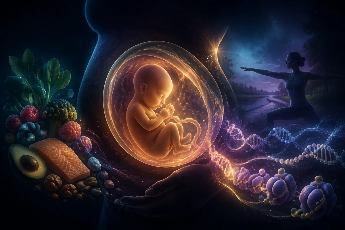 A fetus curled in a glowing sac inside a pregnant silhouette, with fresh foods, a DNA strand and a yoga pose around it.