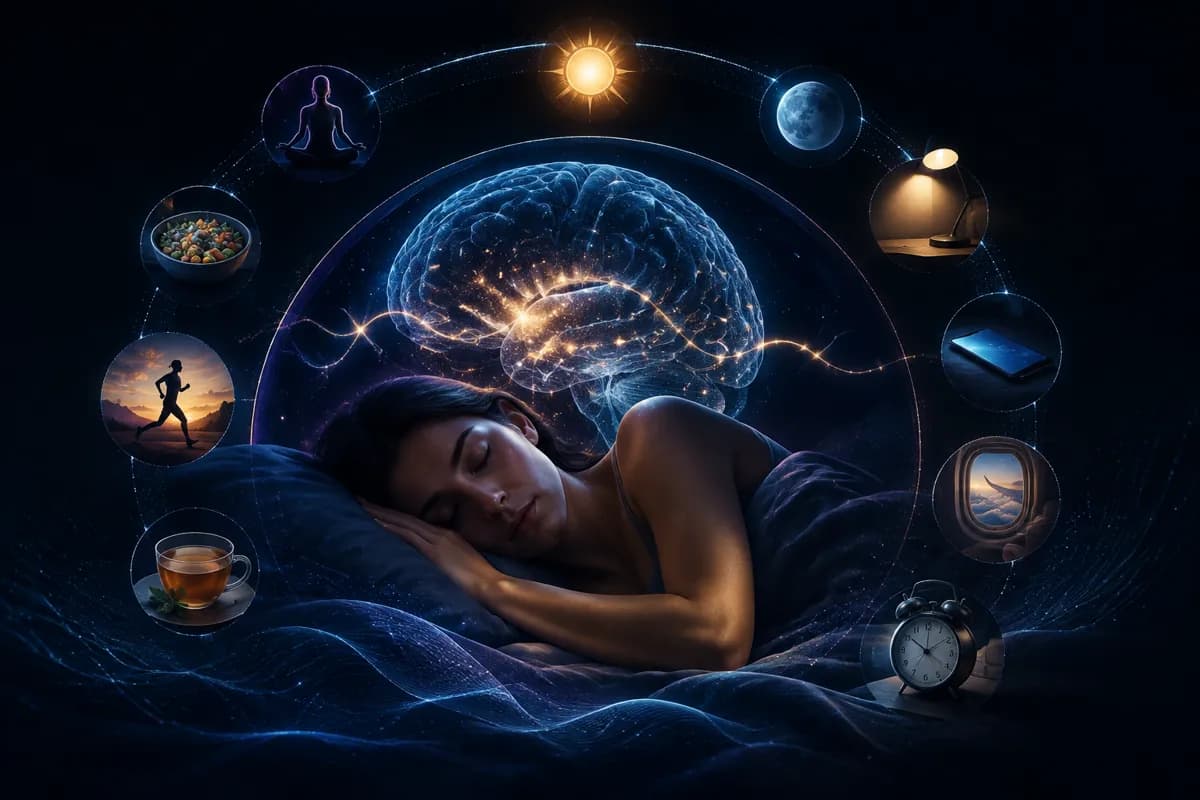 A woman sleeps under a lit brain ringed by icons for sun, moon, tea, screens, a lamp, exercise and an alarm clock.