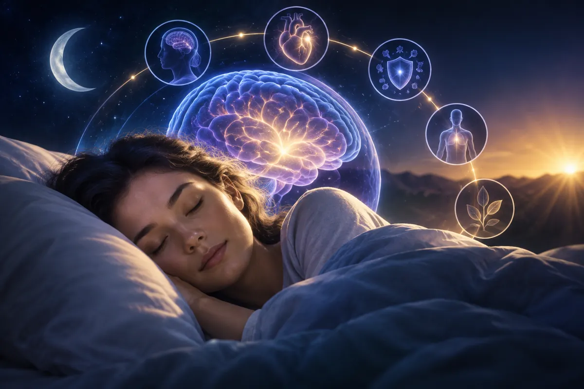 A woman asleep on a pillow beneath a violet brain, with small circles for memory, heart, immunity and recovery.