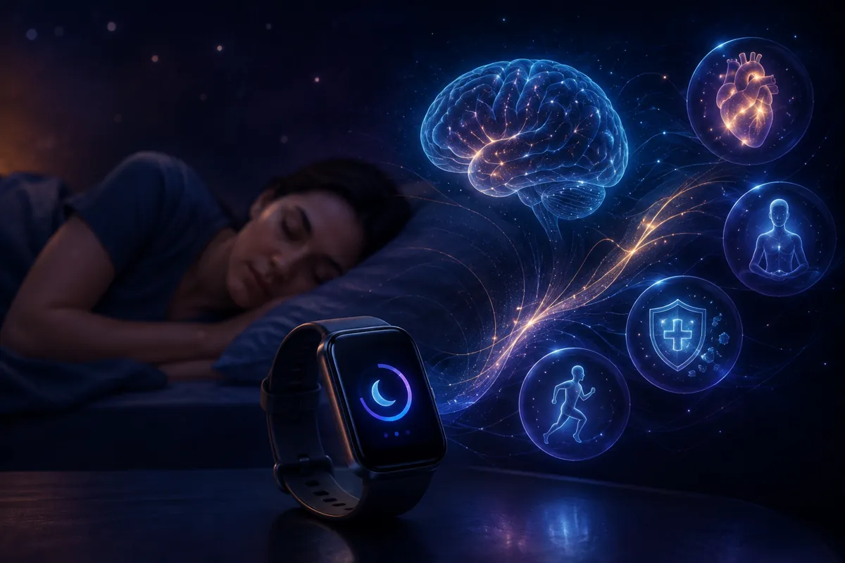 A sleep-tracking smartwatch glows on a bedside table while a woman sleeps behind it under a blue neural brain.