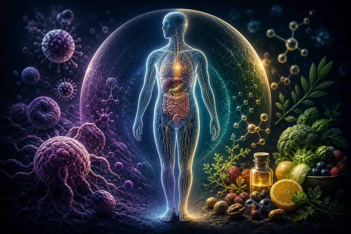 A translucent body with visible organs stands between clustered tumor cells and a spread of fresh produce and herbs.