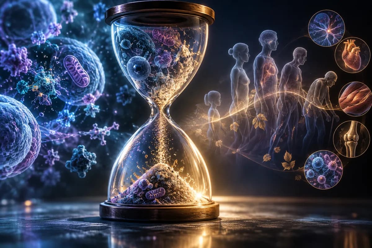 An hourglass of cells and mitochondria drains beside translucent figures aging from child to stooped elder.