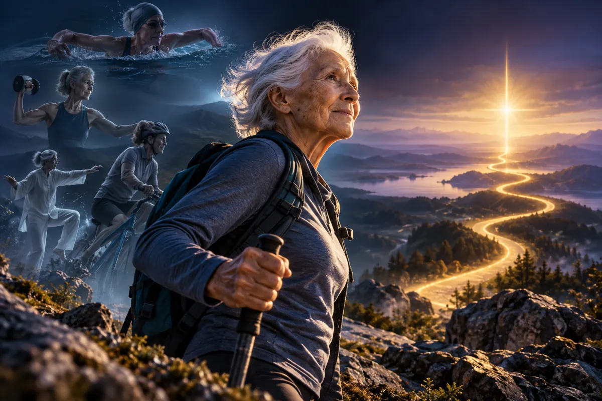 A white-haired woman hikes a ridge with poles while older adults swim, lift weights, cycle and practice tai chi behind.