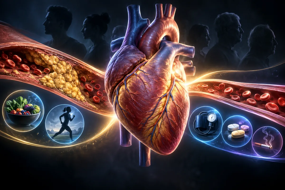 A heart sits between a plaque-clogged artery and a clear one, with icons for diet, exercise, blood pressure and pills.