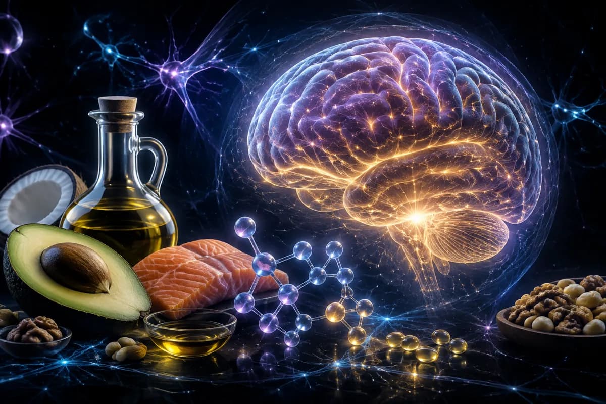 A glowing brain lit by gold pathways above avocado, olive oil, salmon and walnuts, with neurons firing in the dark.