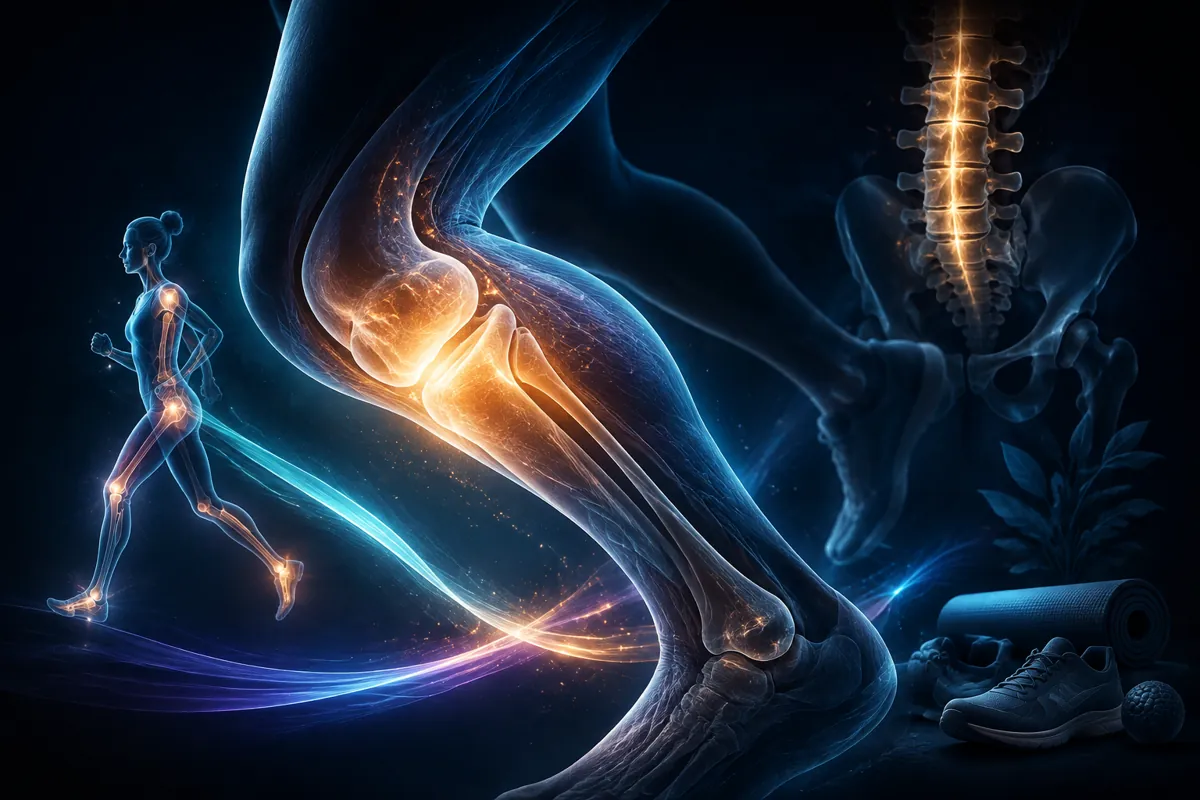 A glowing knee and lower leg light up orange beside a running figure, a lit spine, trainers and a yoga mat.
