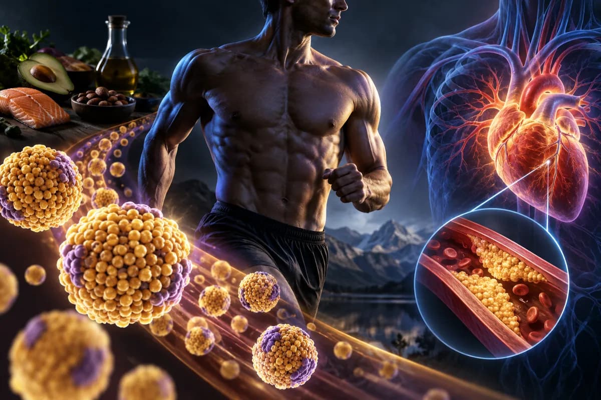 A lean athletic man runs past golden LDL particles as an inset artery shows cholesterol lining the vessel wall.