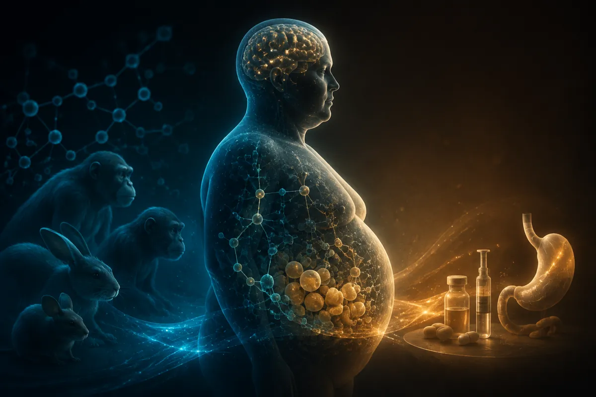 A translucent overweight figure glows with fat cells and a lit brain, beside lab animals, drug vials and a stomach.