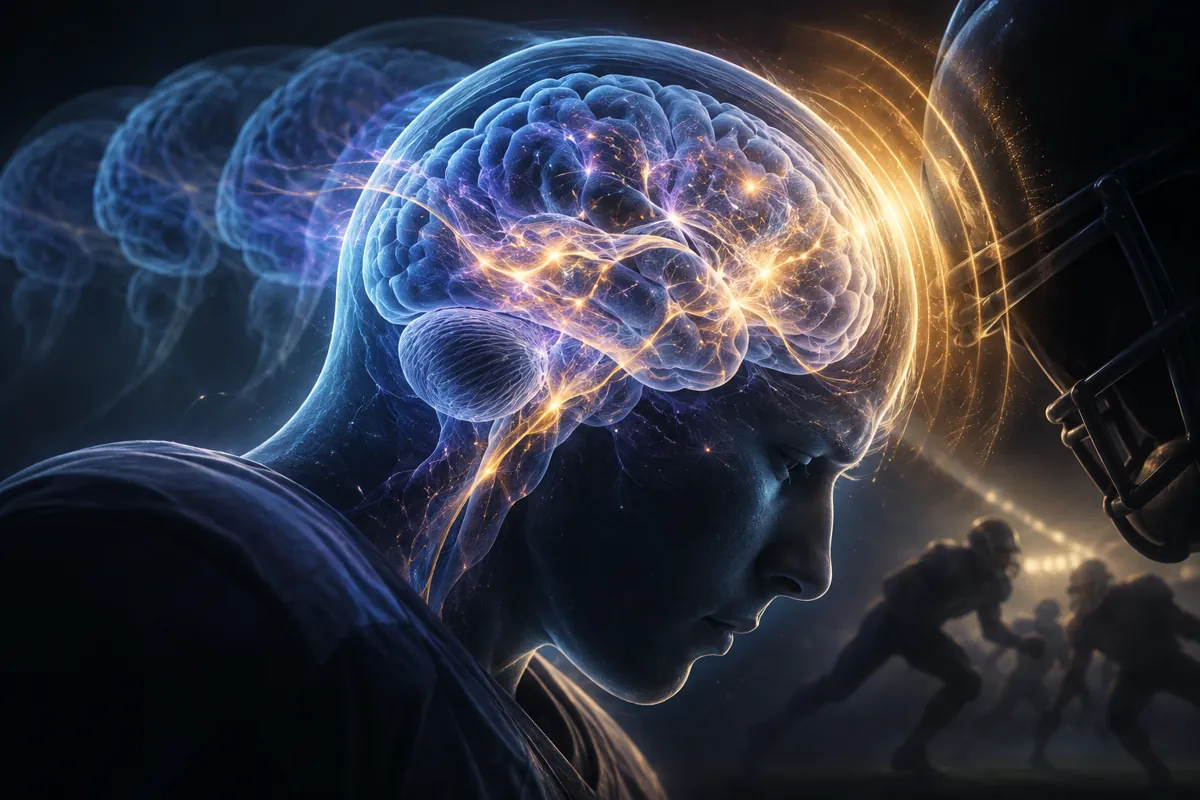 A young athlete bows their head as a translucent brain flares gold where a football helmet strikes it.