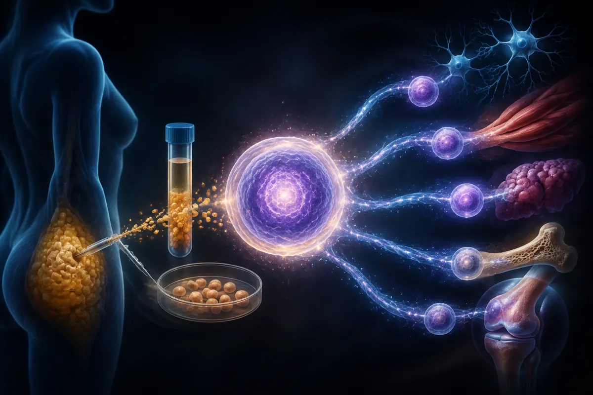 Fat tissue drawn into a vial and dish feeds a glowing purple stem cell branching to nerve, muscle, bone and joint.