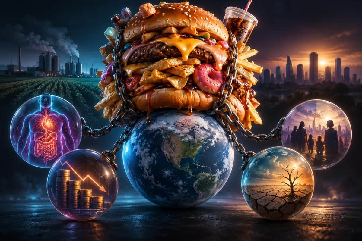 A chained fast food burger crushes the Earth, ringed by orbs of organs, falling coins, cracked ground and a family.