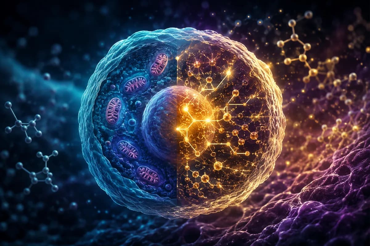 A cell split down the middle, blue mitochondria on one side and a gold web of glucose molecules on the other.