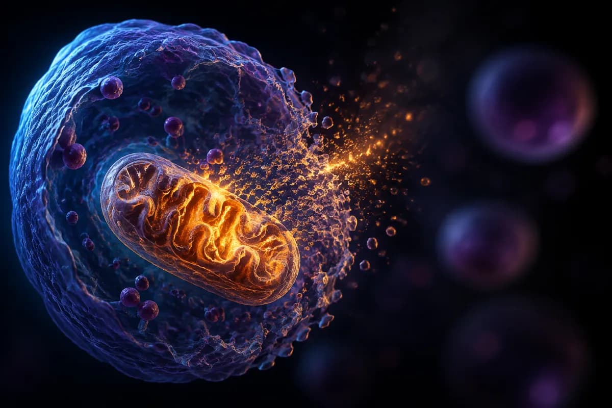 A single mitochondrion burns orange inside a purple cell, shedding particles as its membrane breaks apart.