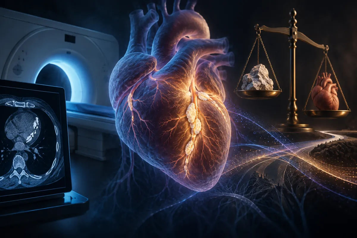 A heart with calcium deposits along its arteries sits between a CT scanner and a brass scale weighing rock against heart.