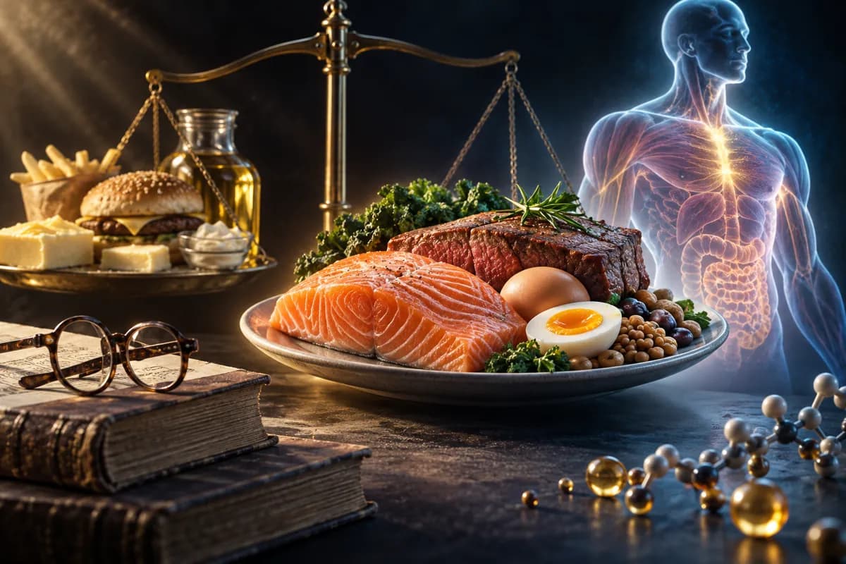 Salmon, steak and egg outweigh fries and butter on a brass scale, beside old books and a glowing muscular figure.