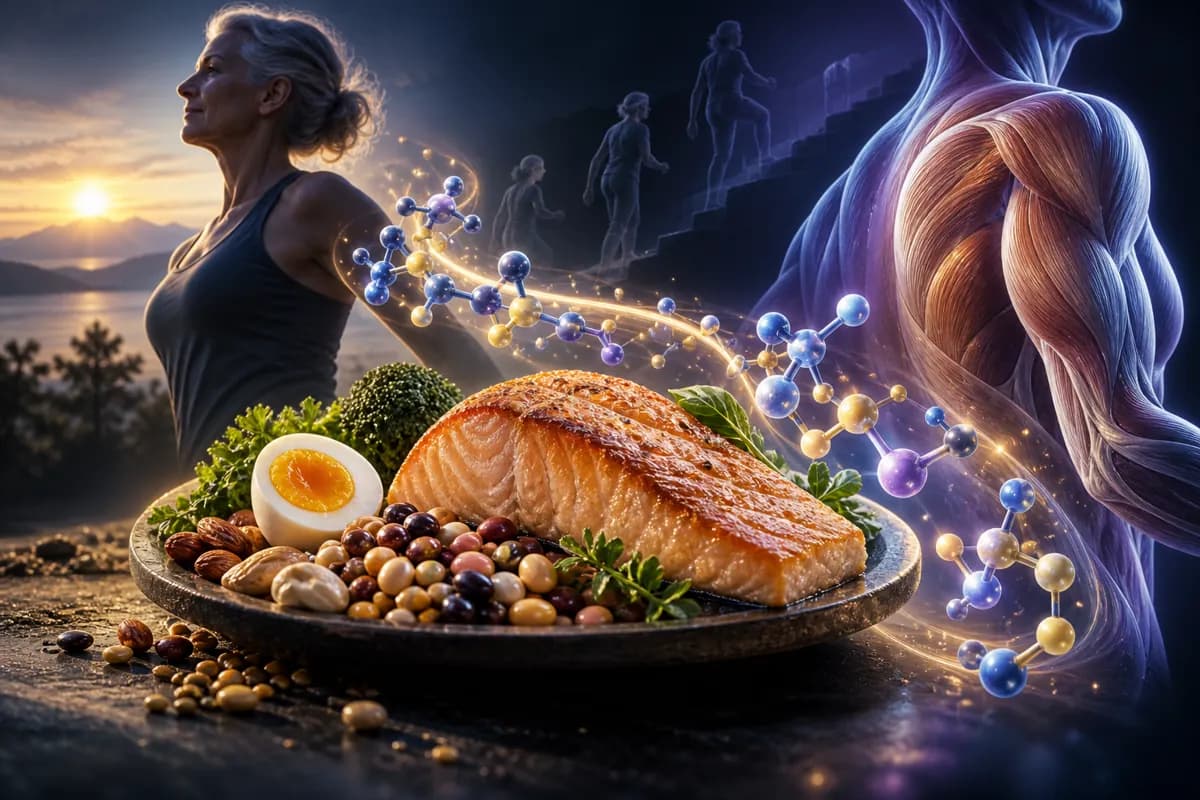 An older woman at sunrise above a plate of salmon, egg, nuts and beans, with amino acid chains trailing to lit muscle.