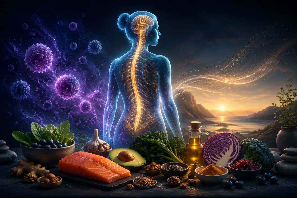 A glowing figure with a lit spine stands between purple immune cells and a spread of salmon, greens, avocado and spices.