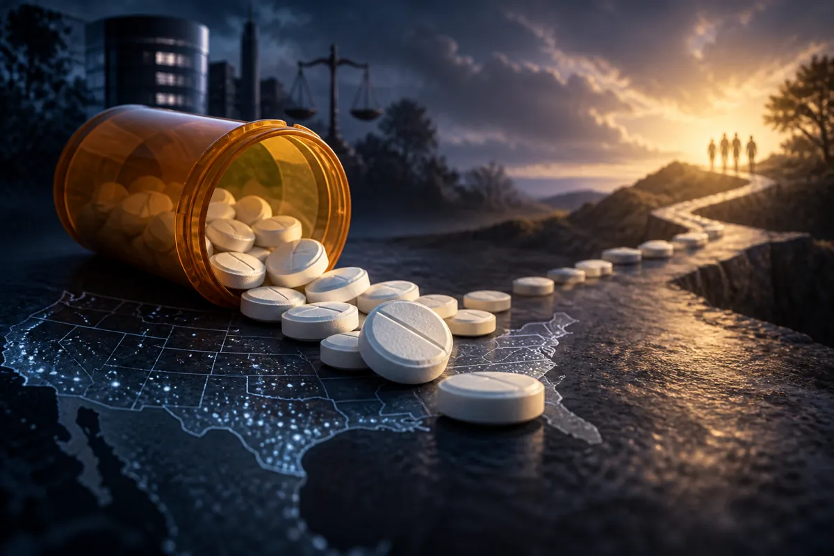 White pills spill from a prescription bottle across a lit map of the United States toward figures walking into sunrise.