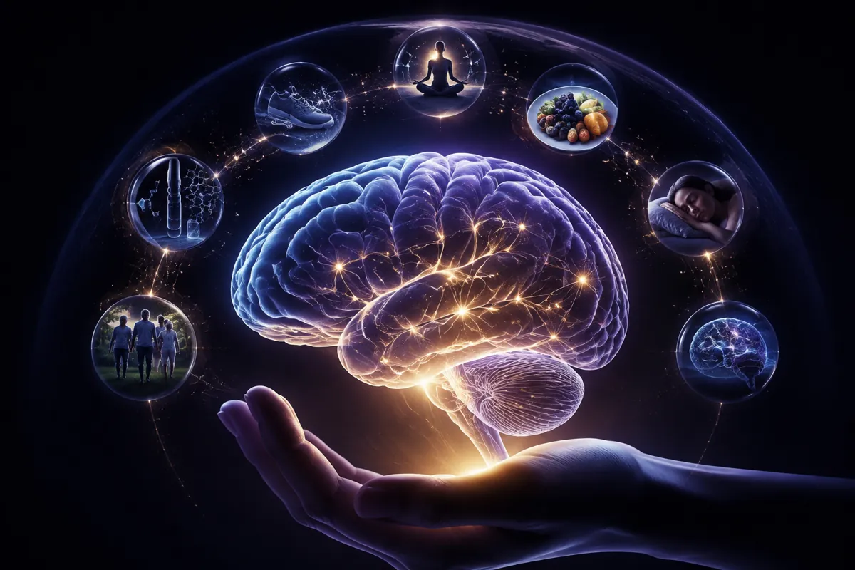 An open hand holds a glowing brain circled by bubbles of exercise, meditation, produce, sleep, family and lab testing.