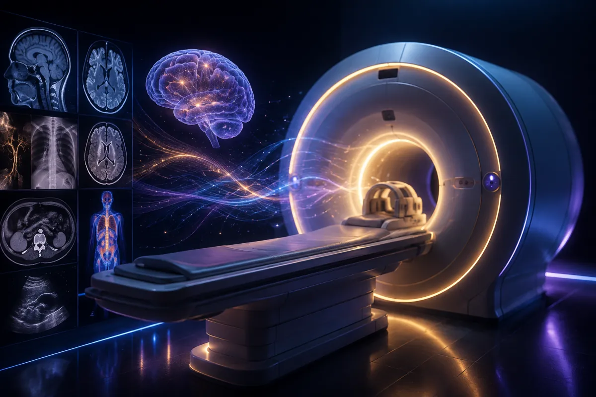 An MRI scanner ringed in gold light with its bed extended, facing a wall of scan images and a glowing brain.