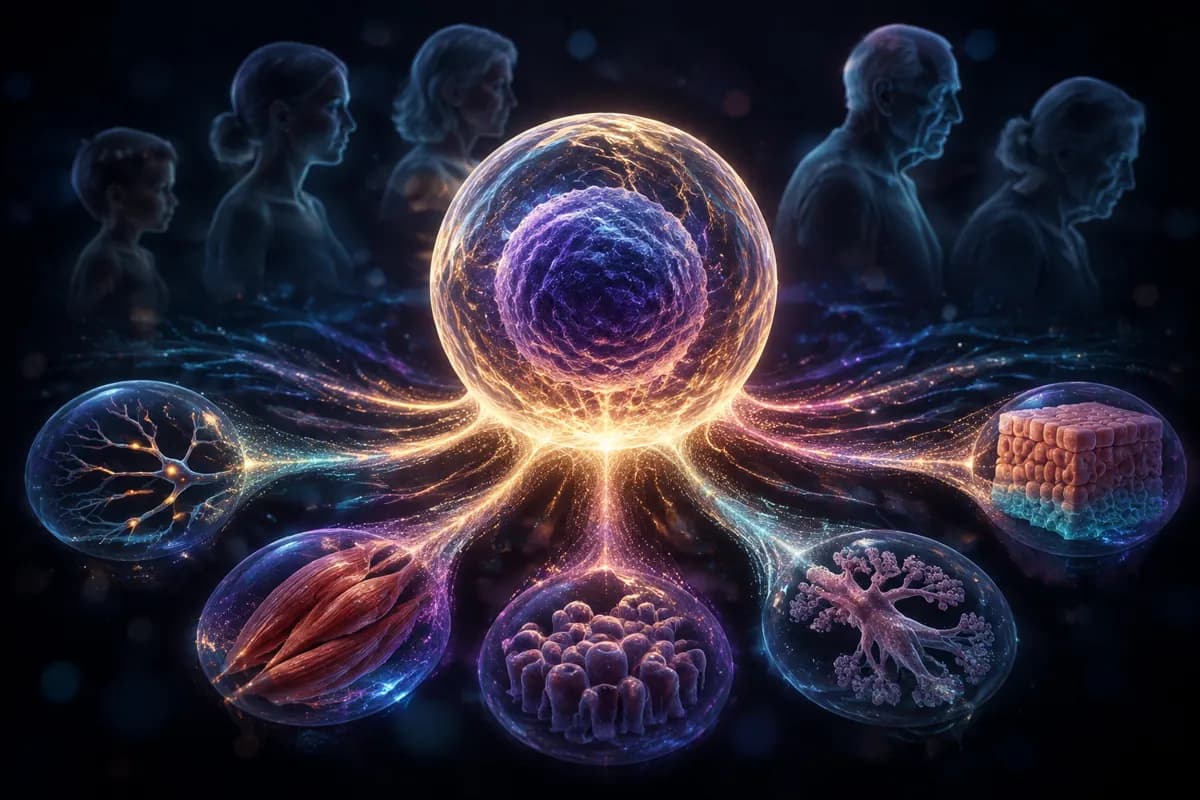 A radiant stem cell feeds orbs of nerve, muscle, gut and skin tissue, ghostly faces aging from child to elder behind it.