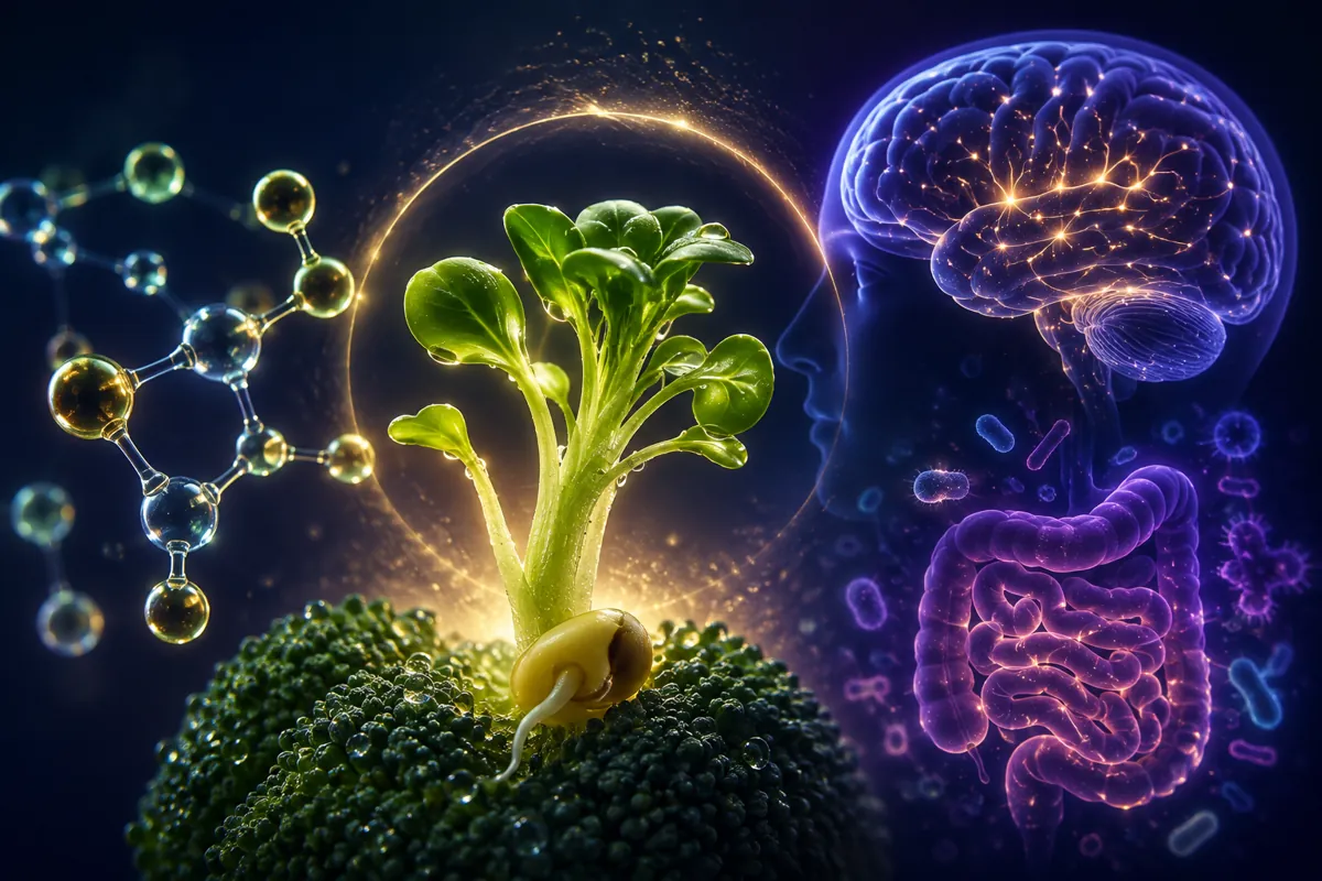 A broccoli sprout rises glowing from a broccoli head, with its molecule at left and a lit brain and gut at right.