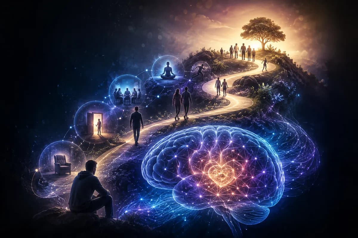 A lone figure sits watching a lit path climb past bubbles of therapy, group meetings and family toward a sunlit tree.