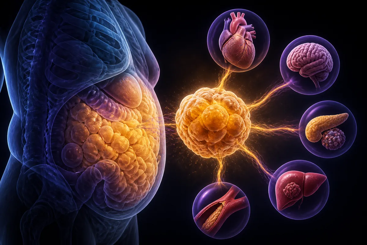 Golden visceral fat packed around a translucent torso sends energy to orbs of heart, brain, pancreas, liver and artery.