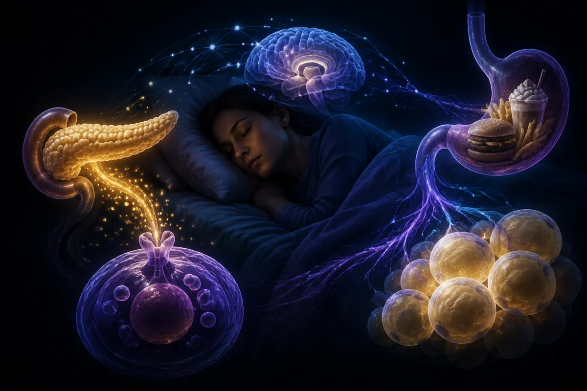 A woman asleep in blue bedding, ringed by a glowing pancreas, translucent brain, stomach of fast food, and fat cells.