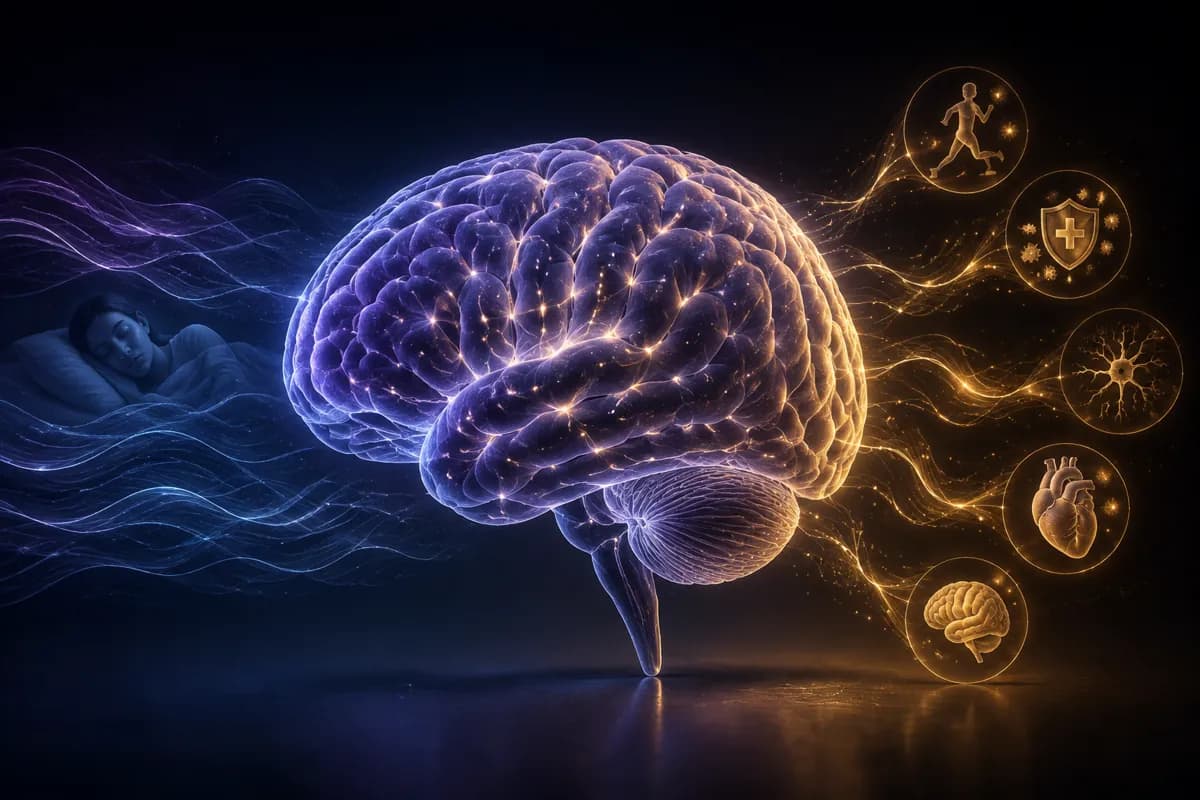 A glowing purple brain sits between blue sleep waves over a sleeping woman and gold icons for heart, immunity and neurons.