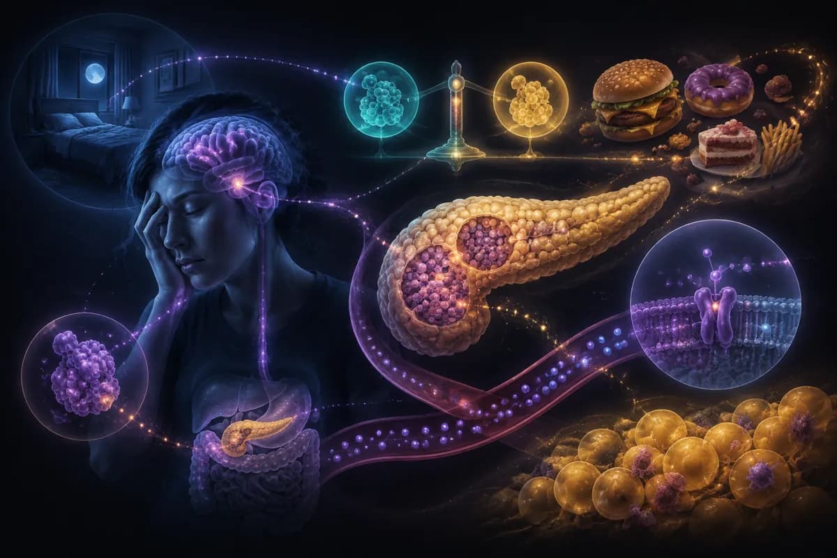 A tired woman rubs her temple as a purple brain, glowing pancreas, junk food, and gold fat cells circle her.