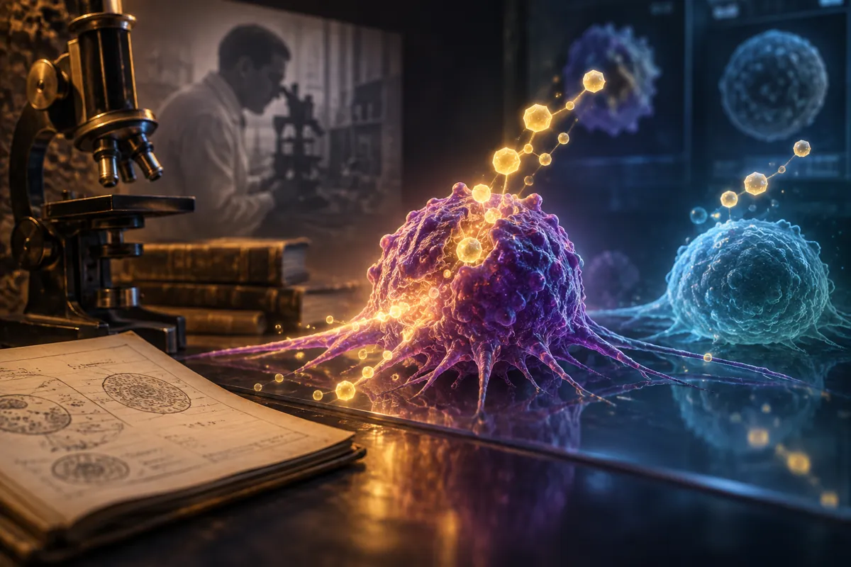 A brass microscope and open antique journal beside a purple tumor cell, with an archival photo of a researcher behind.