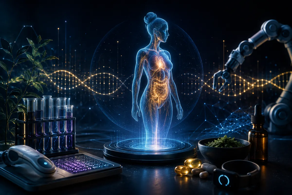 A translucent blue female figure stands on a lit lab platform among test tubes, gold DNA strands, and a robotic arm.