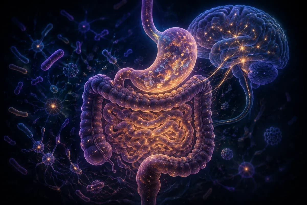 A gold-lit stomach and intestines wired by nerve threads to a purple brain, with gut bacteria drifting around.