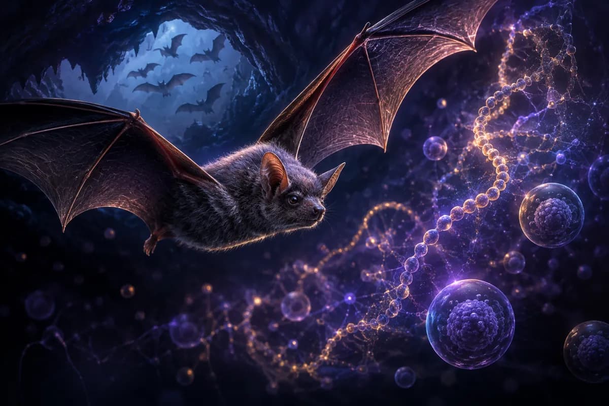 A bat in flight leaves a cave of roosting bats, trailed by gold and purple DNA helices and glowing cell spheres.