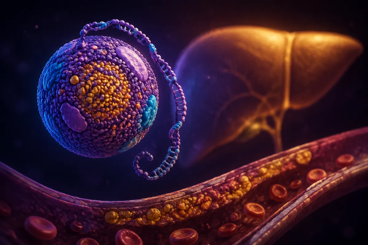 A purple lipoprotein particle with a coiled tail floats over a plaque-lined artery, an amber liver behind it.