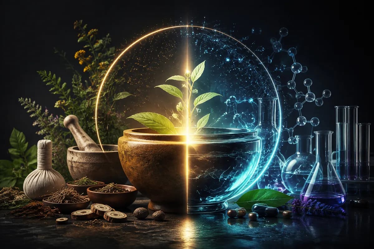 A stone mortar of herbs lit gold on one half and a glass beaker of blue molecules on the other, split down the middle.