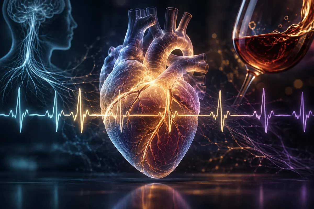A glowing heart sits on an ECG trace that shifts from blue to purple, a glass of red wine at one end.