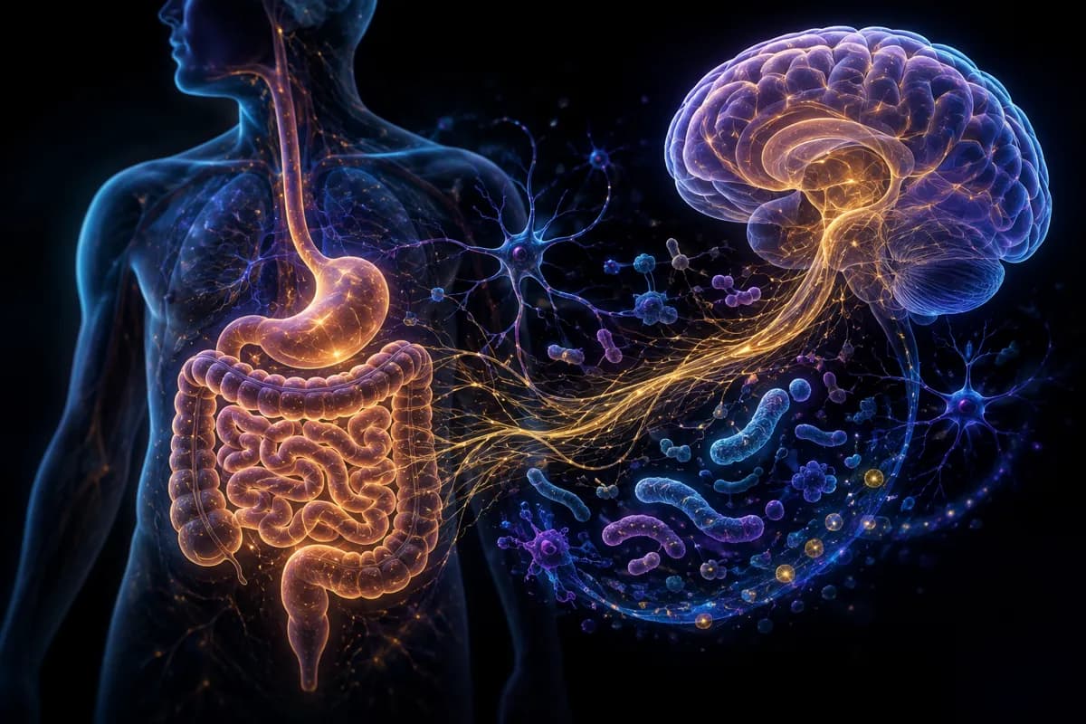 A translucent torso with a gold digestive tract sends nerve fibers to a purple brain past floating gut bacteria.