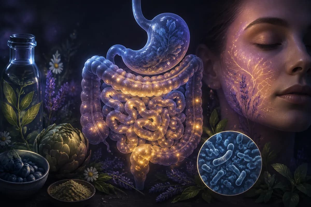 A glowing gut in blue and gold amid herbs and berries, next to a woman's face traced with gold light.