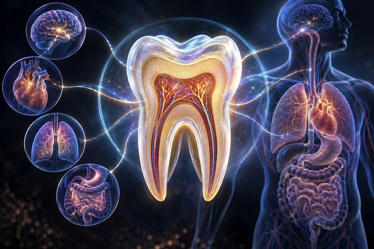 A cross-sectioned tooth glows gold, threads of light linking it to brain, heart, lung, and gut insets.