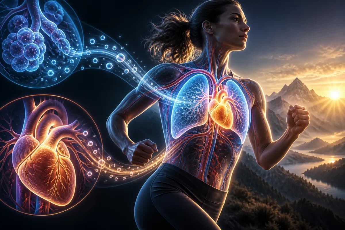 A woman runs at sunrise, her chest transparent to show blue lungs and a gold heart pumping oxygen.