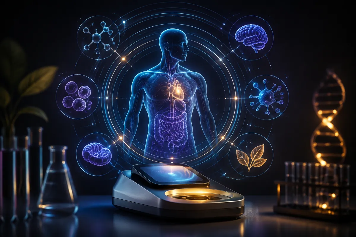 A blue holographic body with a glowing heart is ringed by icons for cells, brain, and immunity above a lab analyzer.