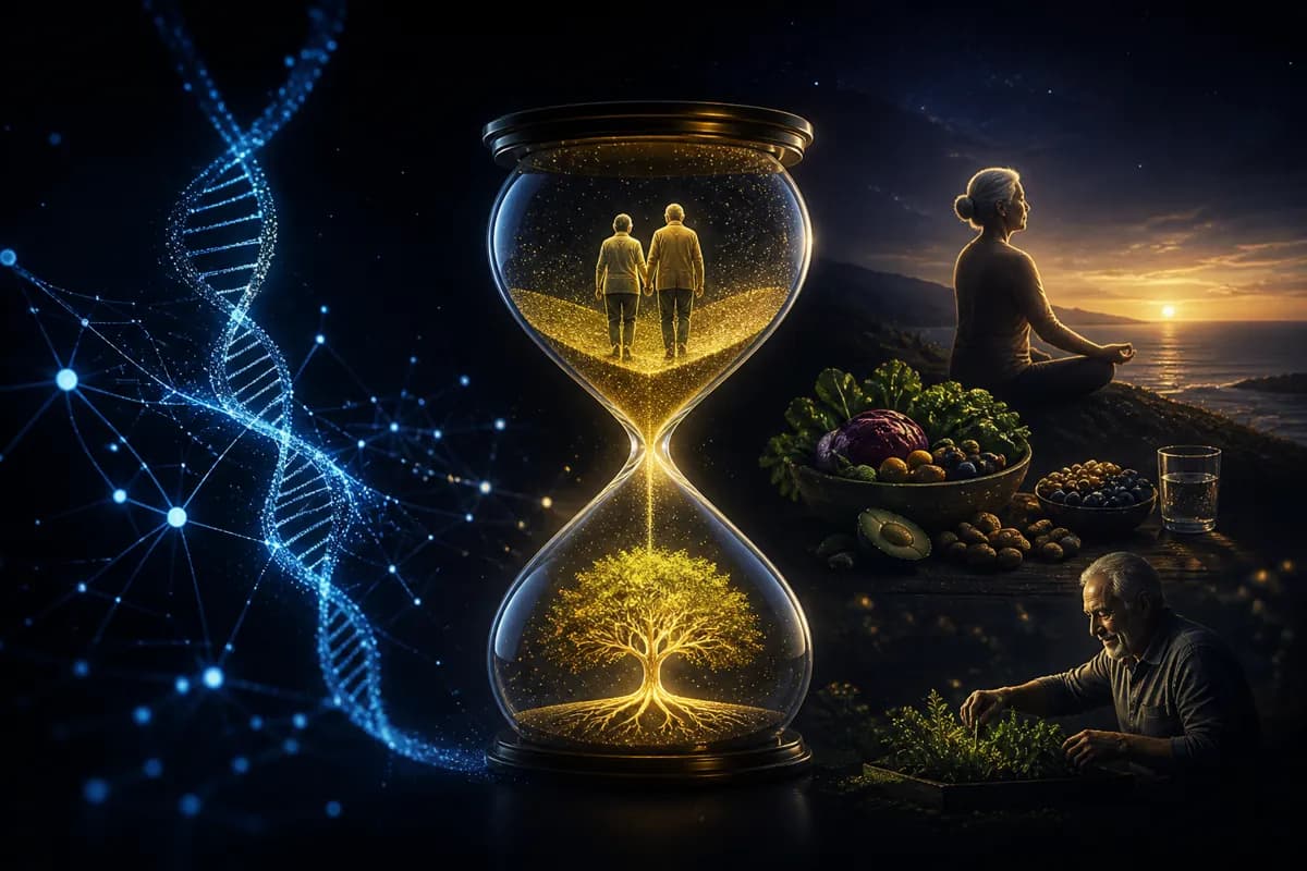 An hourglass holds an older couple over a golden tree, with a blue DNA helix, produce, and elders meditating and gardening.