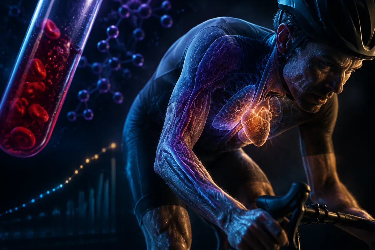 A cyclist crouches over the bars, his chest transparent to show blue lungs, a gold heart, and lit blood vessels.