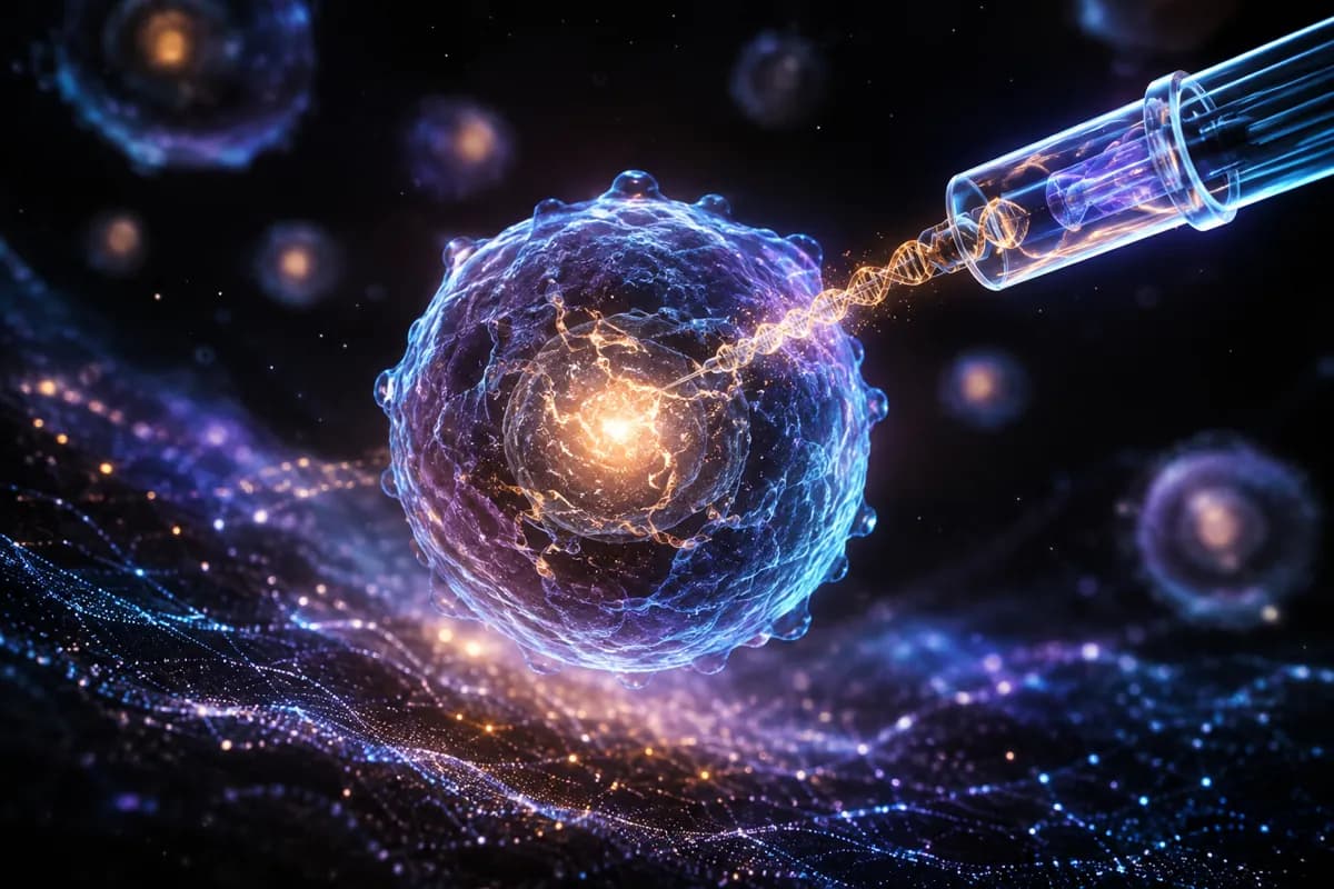 A glass syringe threads a gold DNA strand into a blue cell whose core burns gold above a field of particles.