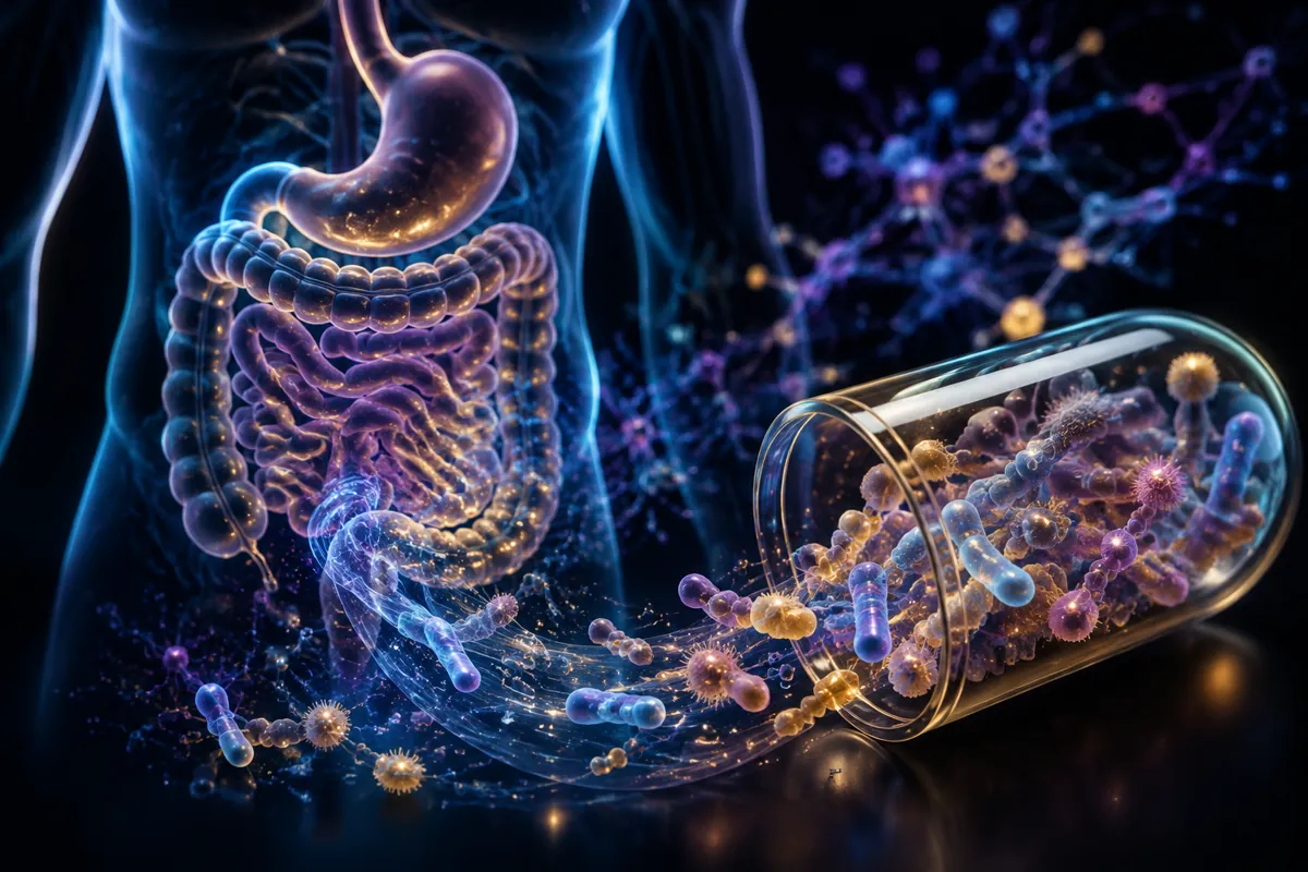 An open capsule spills a stream of colored bacteria toward a glowing gut inside a translucent blue torso.