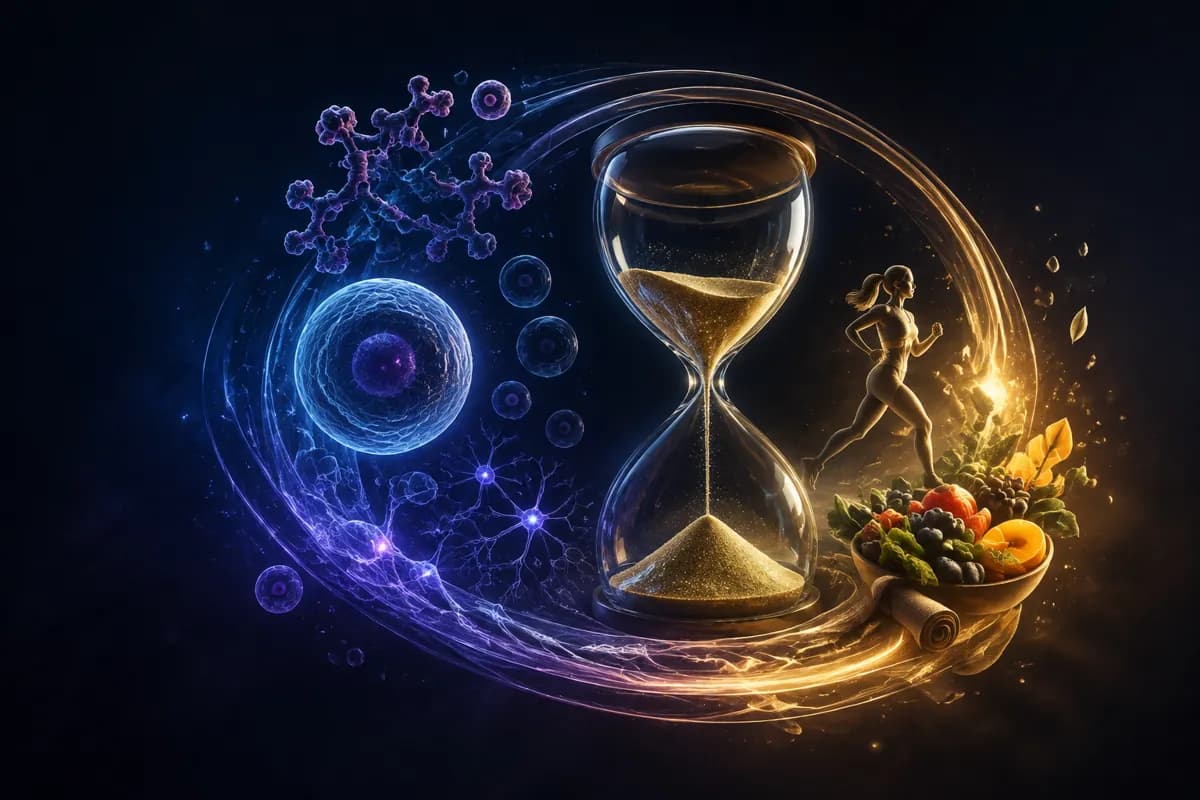 A golden hourglass at the centre of a swirl of purple cells, DNA, neurons, a running figure and a bowl of fruit.