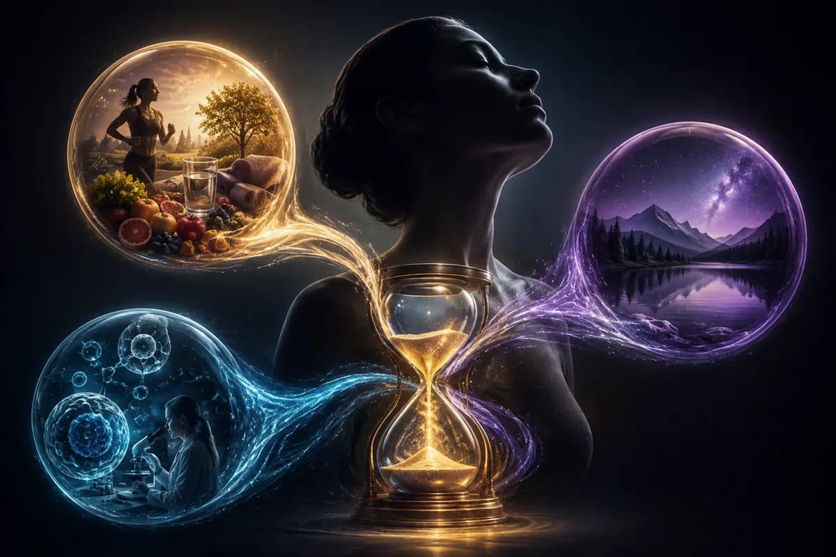 A woman in profile with a gold hourglass at her chest, ringed by three glowing orbs of food, lab science and calm nature.