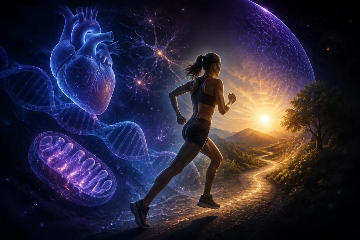 A woman runs a glowing trail toward sunrise beside a translucent blue heart, DNA helix and purple mitochondrion.
